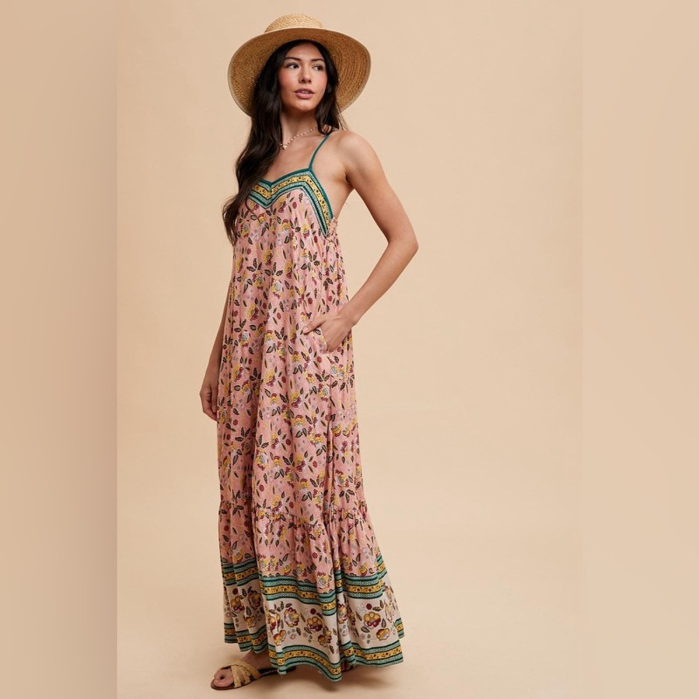 Pink Floral Border Print Lace Up Back Maxi Dress